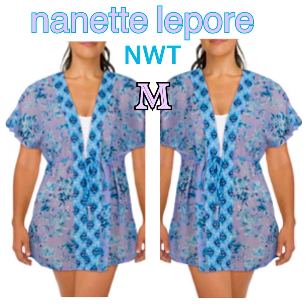 NWT (M) Nanette Lepore swim wrap in lilac turquoise with gold fringe tassel ties